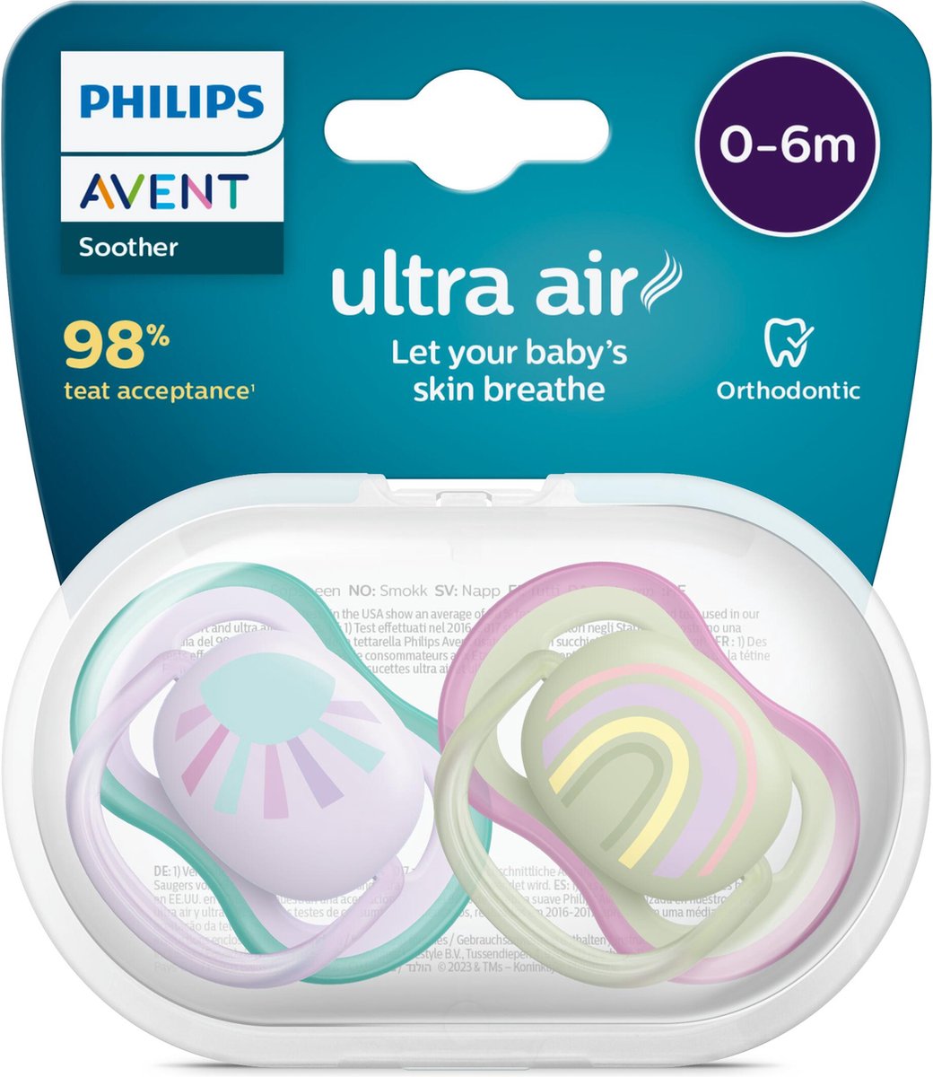 Goedkoopste Philips Avent Ultra Air Fopspeen - 0 tot 6 Maanden - 2 Speentjes - Paars/Groen Zon/Regenboog - SCF085/59