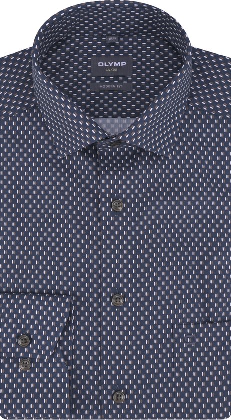 OLYMP modern fit overhemd - popeline - blauw met bruin en wit dessin - Strijkvrij - Boordmaat: