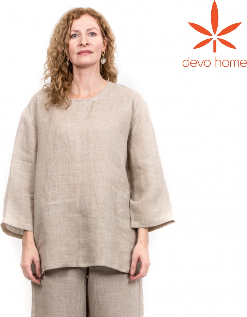 DevoHome Unisex Hennep Shirt Lange - Nachtmode Jacket - Pyjama shirt - Wijde - Hennep - Dames en Heren - Home Shirt - Biologisch & ecologisch - voor Yoga en Meditatie - Beige - M