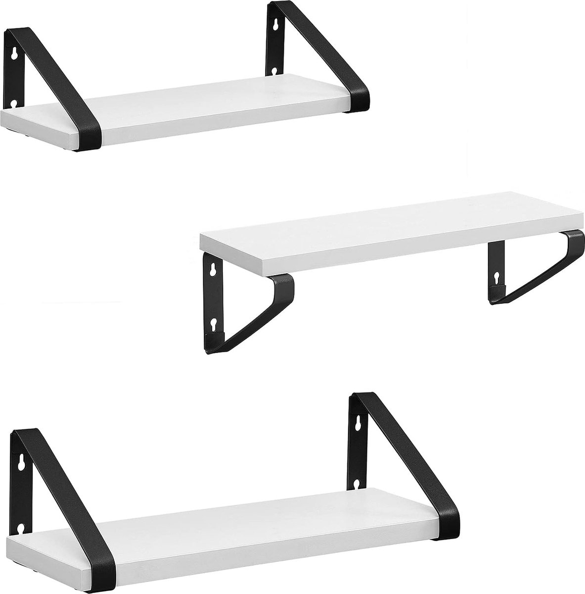Wandplank set van 3, zwevende plank, wandgemonteerd, plank voor display, industrieel ontwerp, voor woonkamer, badkamer, keuken, wit-zwart LWS033B14