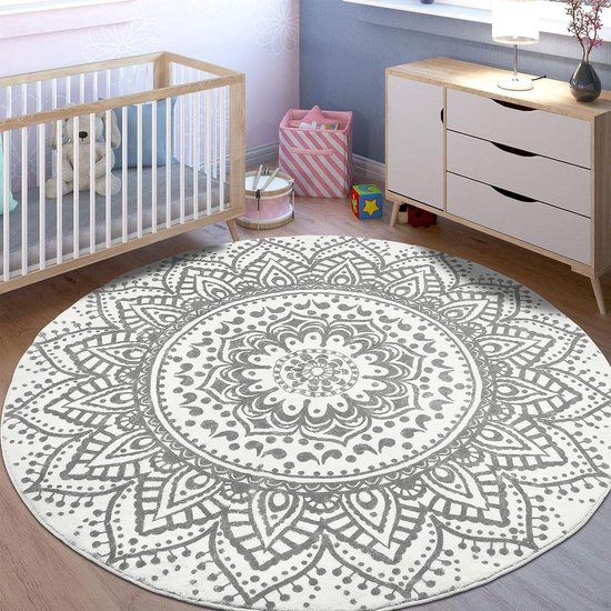 Tapis Rond Vert et Blanc en Coton 120 cm Motif O…