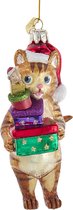 Kurt S Décoration de Noël Adler - Chat avec cadeaux et Bonnet de Noel - verre - marron rouge - 13cm