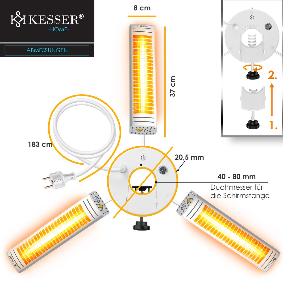 KESSER® Terrasverwarmer 3000W Elektrische Kachel voor Parasol - Infrarood Verwarming Heater Sfeervolle Verwarmer met Afstandsbediening IP65 Weerbestendig - Zilver – foto 4