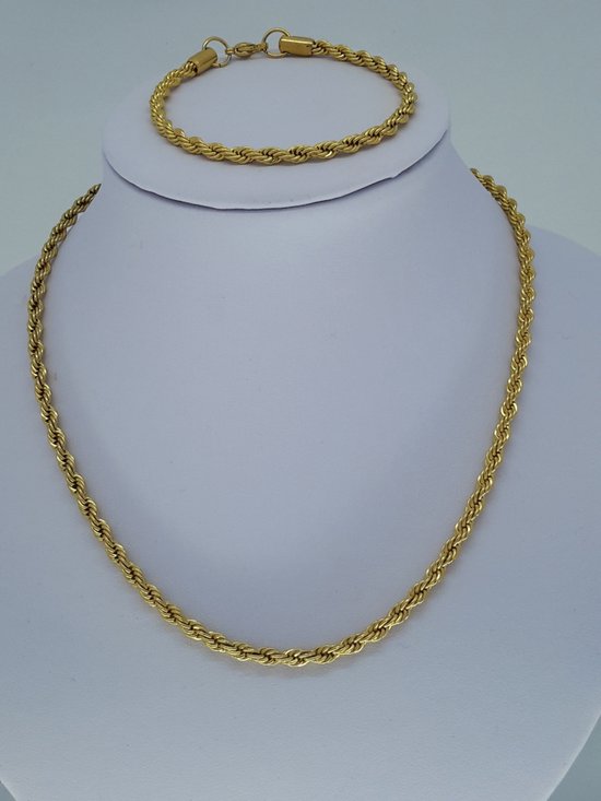 Set prachtige - Twisted - rvs - goudkleurig collier L 45 cm D 4mm met armband 20 cm. Chique voor alle gelegenheid.