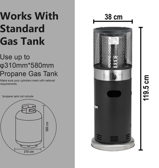 Zwarte staande terrasverwarmer, 119.5 cm hoog, 38 cm breed, met afmetingen van een gasfles. Werkt met standaard propaan gasfles.