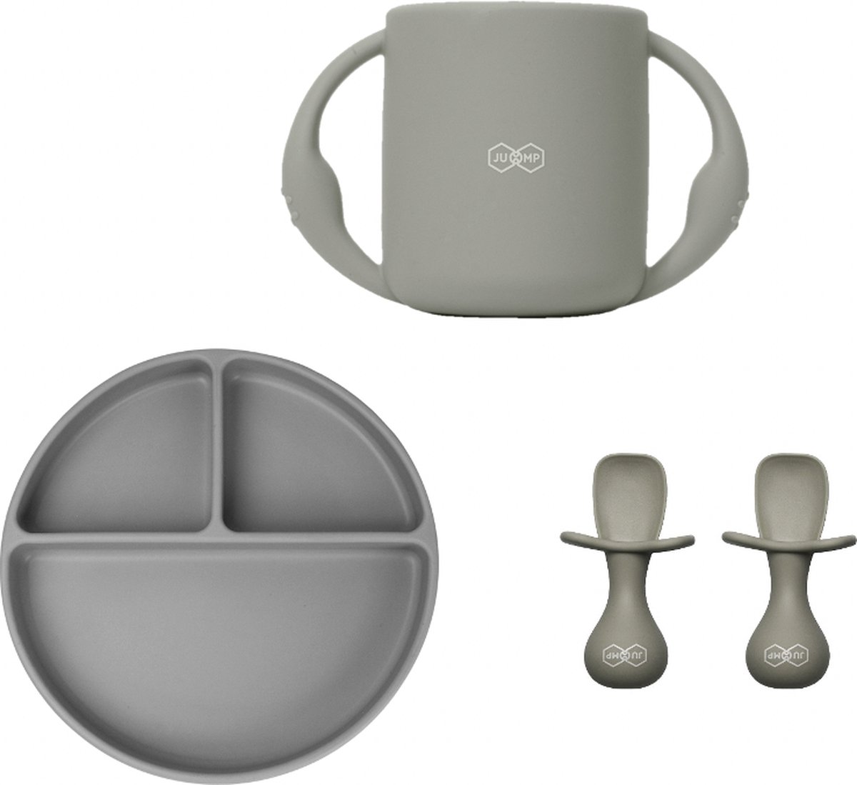 Goedkoopste JU&MP Kinderserviesset - Baby - Kinderbordje met Zuignap - Kinderbestek - Oefenbeker - Kraamcadeau - Grijs