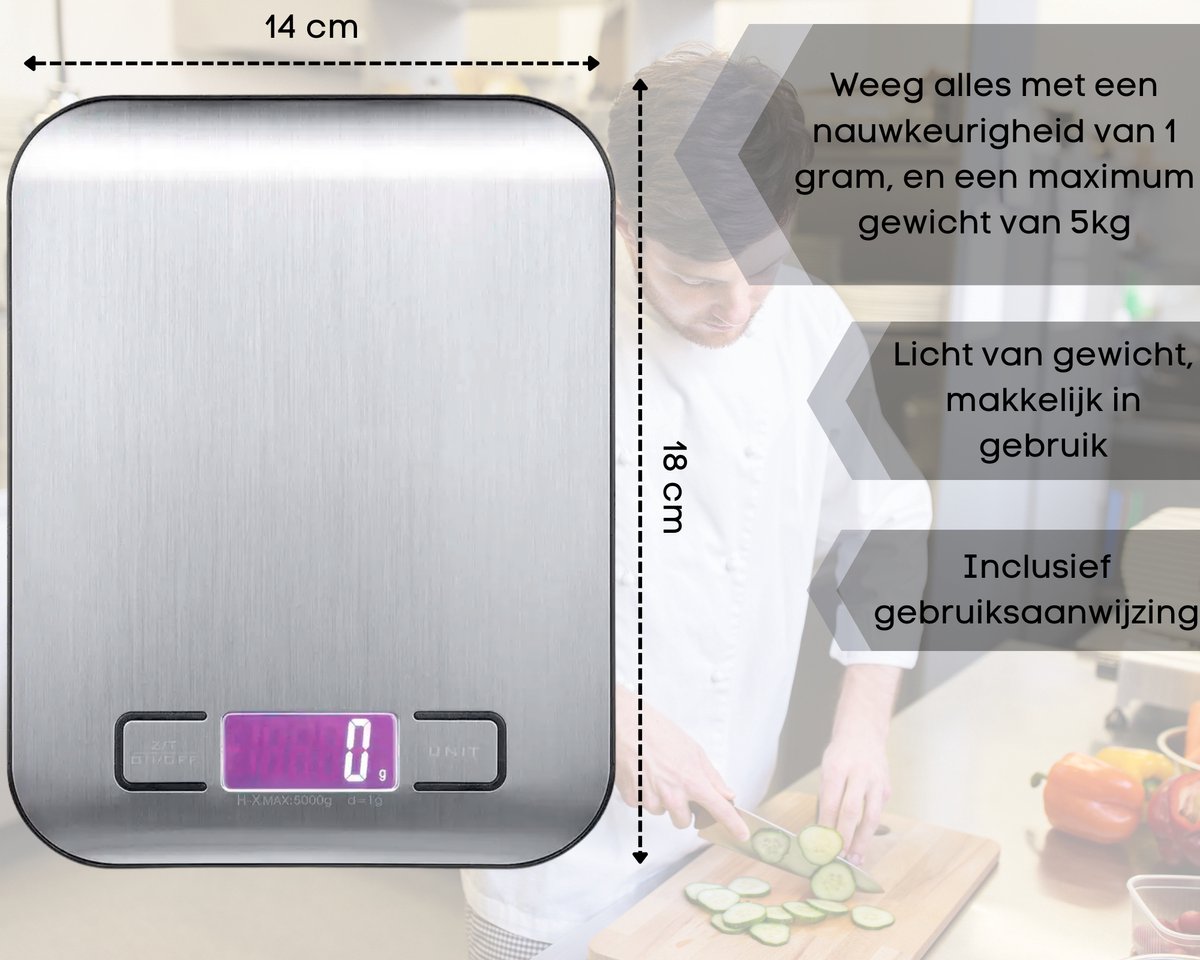 Strex Keukenweegschaal Digitaal - Weegschaal Keuken - 1 g tot 10 kg - Tarra Functie - Inclusief Batterijen - RVS/Zwart