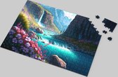 Bergwatervallen met Bloemen Puzzel - Betoverende Natuurpracht van 500 Stukjes - Hoogwaardige Kartonnen Puzzel - Ontspannende Tijdverdrijf - Levendige Bloemen en Majestueuze Watervallen - Gedetailleerd en Betoverend