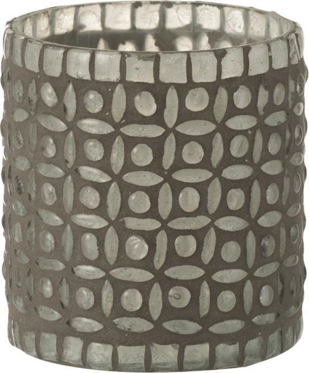 J-Line Windlicht / theelichthouder / waxinelichtjeshouder met bolletjes en strepen - Grijs / transparant - 8.5 x 8.5 x 9 cm hoog.