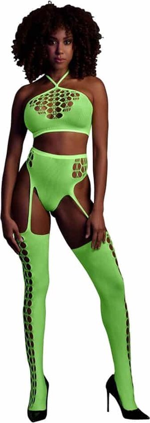 Shots - Ouch! OU836GLOOS - Two Piece with Crop Top and Stockings - Green - XS/XL