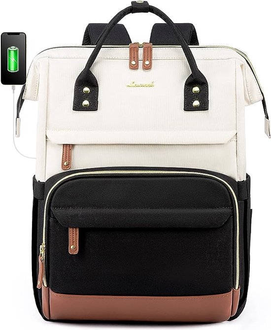 LOVEVOOK Sac à dos, grand sac à dos pour ordinateur portable avec compartiment pour ordinateur portable, 17,3 pouces Beige + Zwart + Cuir marron