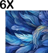 BWK Textiele Placemat - Getekende Blauwe Veren - Set van 6 Placemats - 50x50 cm - Polyester Stof - Afneembaar