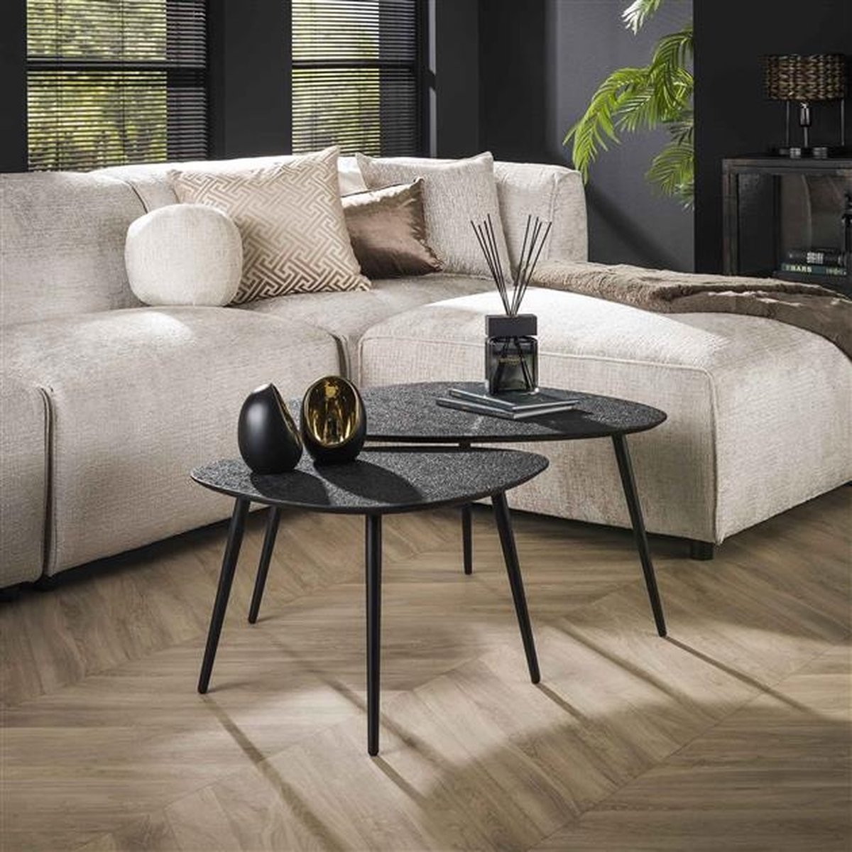 Dimehouse Industriële Salontafel Set van 2 Luna Organisch Zwart Metaal - 80 x 59 x 41 cm - Hout - Industrieel - Driehoek Grijs