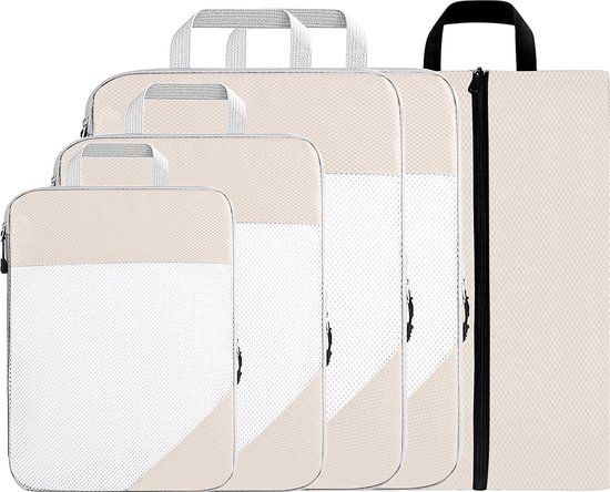 MURISE Compression Packing Cubes, 7 Set Koffer Organizer für Travel Essentials, Erweiterbares Travel Organizer Set, Leicht Packtaschen für Rucksack, Packwürfel für Männer/Frauen, Beige