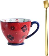 Retro handgeschilderde mok 350 ml - Flower Art kopje koffiemok vintage design hoogwaardige porseleinen mok met gouden lepel (rood)