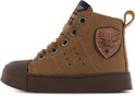 Bruine leren hoge sneaker met veters, ronde neus en logo.