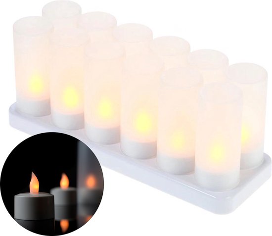 LED Kaarsen + Oplaadbare Basis – Veilige Waxinelichtjes – Decoratie – 12 Stuks + Cups