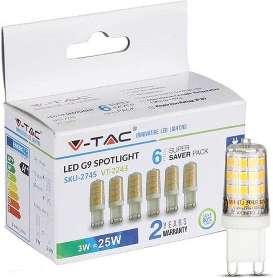 V-tac VT-2243 6-pack G9 led lampen - G9 - 3W - 300 Lm - 3000K