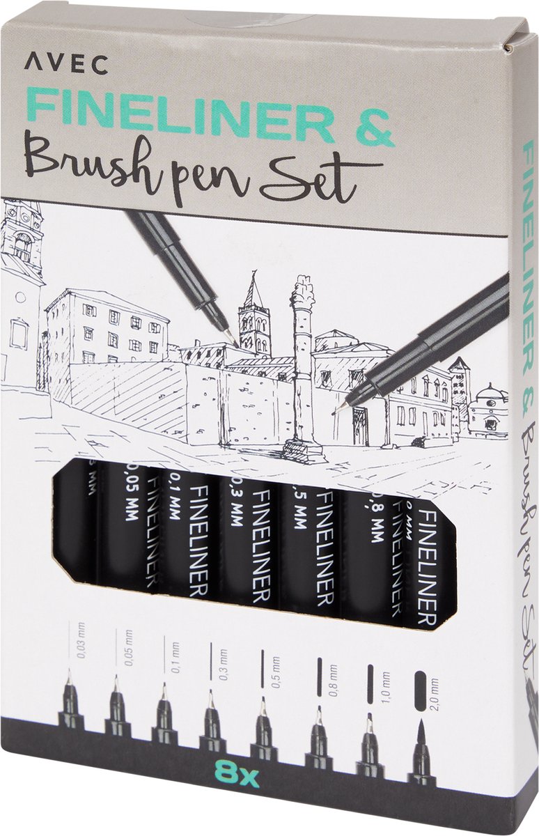 Avec fineliners & brushpen set zwart - 8x fineliner & brushpen - 0,03, 0,05, 0,1, 0,3, 0,5, 0,8, 1,0 mm brush 2,0 mm - handlettering