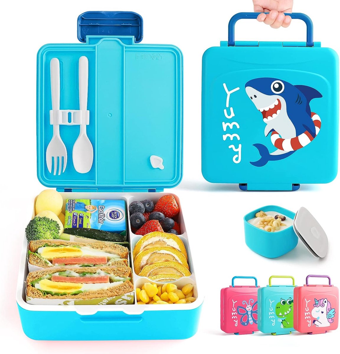 SHOP YOLO - Lunchbox kinderen - Broodtrommel voor kindere met draaggreep - 4 vakken- 1,3 L - haai blauw
