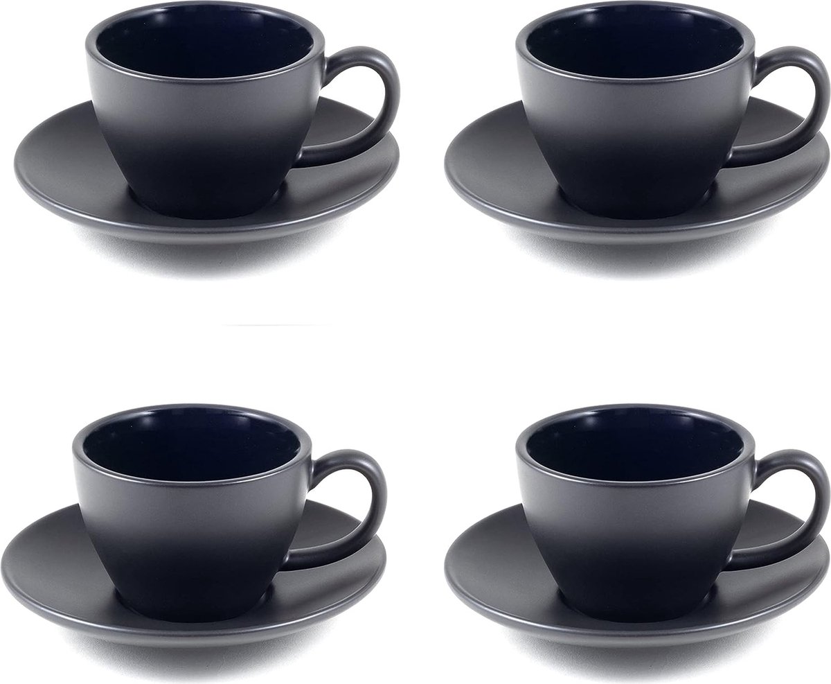 KIVY Cappuccinokopjes, set van 4 x 180 ml, gemaakt van dikwandig aardewerk, cappuccinokopjes met schotel, groot, wit