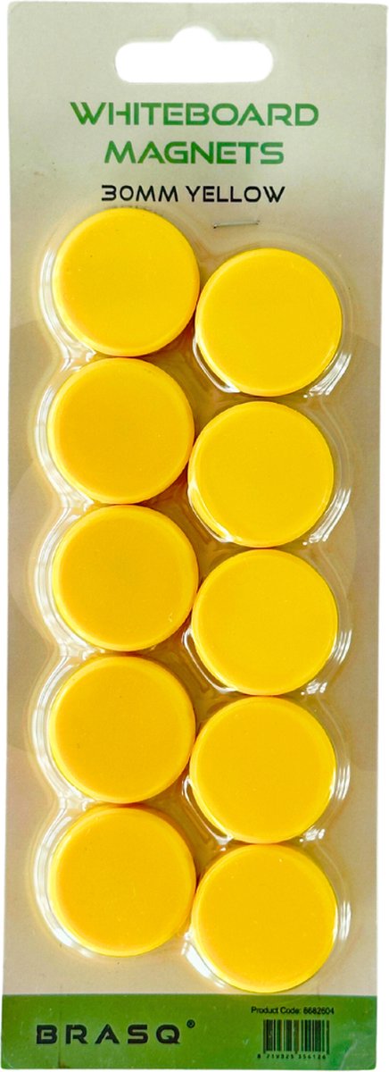 BRASQ Magneten Voor Whiteboard, Magneetbord, Memobord of Magnetisch Tekenbord- Geel 30mm - 10 stuks