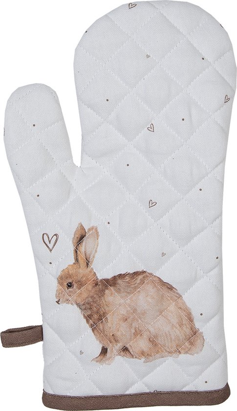 Witte ovenwant met konijnenprint en ruitpatroon.