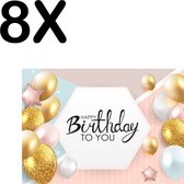 BWK Textiele Placemat - Happy Birthday - Verjaardag Sfeer met Ballonnen - Set van 8 Placemats - 40x30 cm - Polyester Stof - Afneembaar