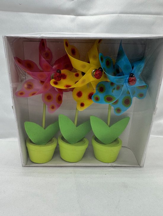 Set de 3 moulins à vent en pot - plastique + bouchon en bois "tournesol + coccinelle" - pots multicolores + vert - dia 9 cm x haut 16 cm - Accessoires de jardin - bouchons de jardin