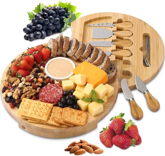 Gykutix Draaibaar Kaasplankje met 4-delige Kaasmes Set - Charcuterie Bord met Roestvrijstalen Kaasmessen en Teakhouten Handvatten - Ideaal voor Wijn, Crackers en Vlees
