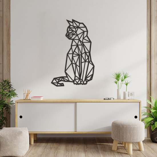 Geometrische Wanddecoratie Kat - Geometrische Muurdecoratie Kat - Geometrische Kat - Muurdecoratie Hout - Wanddecoratie Hout - Muurdecoratie Woonkamer - Wanddecoratie Woonkamer - Wanddecoratie Industrieel - Wanddecoratie Dieren - 89 x 57.5 cm