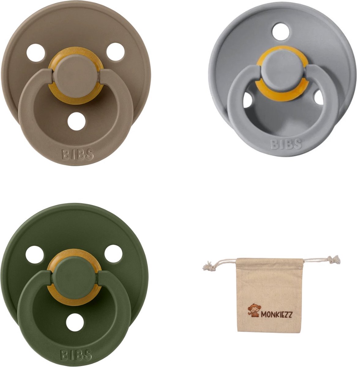Goedkoopste Bibs fopspeen - maat 2 6-18 maanden - 3 stuks – Dark Oak – Hunter Green – Cloud Monkiezz speenzakje