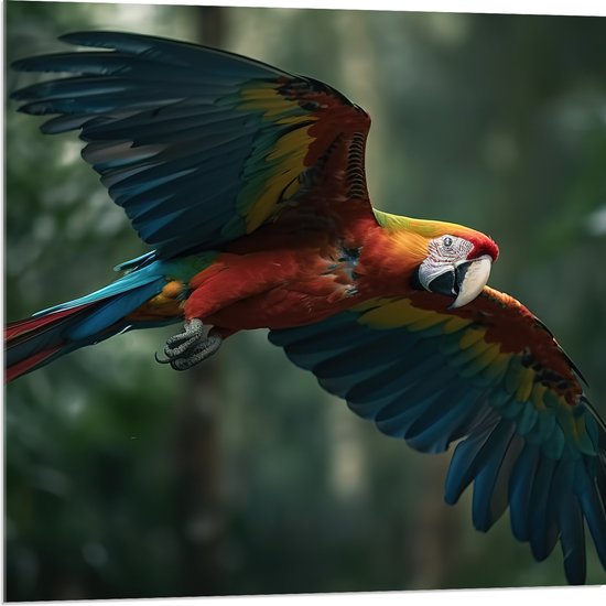Acrylglas - Vliegende ara papegaai in tropisch regenwoud - 80x80 cm Foto op Acrylglas (Wanddecoratie op Acrylaat)