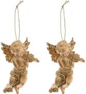 2x Gouden engelen met viool kerstversiering hangdecoratie 10 cm - Kerstboomversiering/decoratie