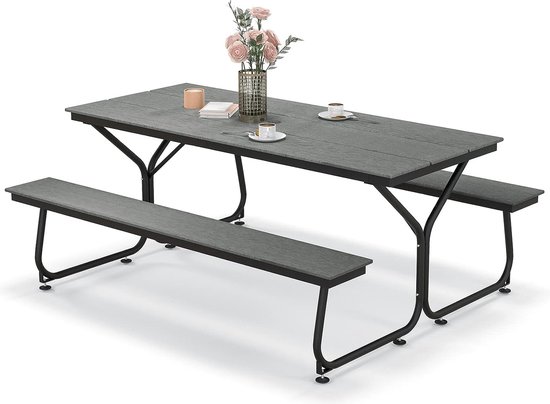 biertentset, 183 cm, houtlook biertafelset, biertafel met HDPE-tafelblad, paraplugat en metalen frame, partytentset voor tuin, terras,...