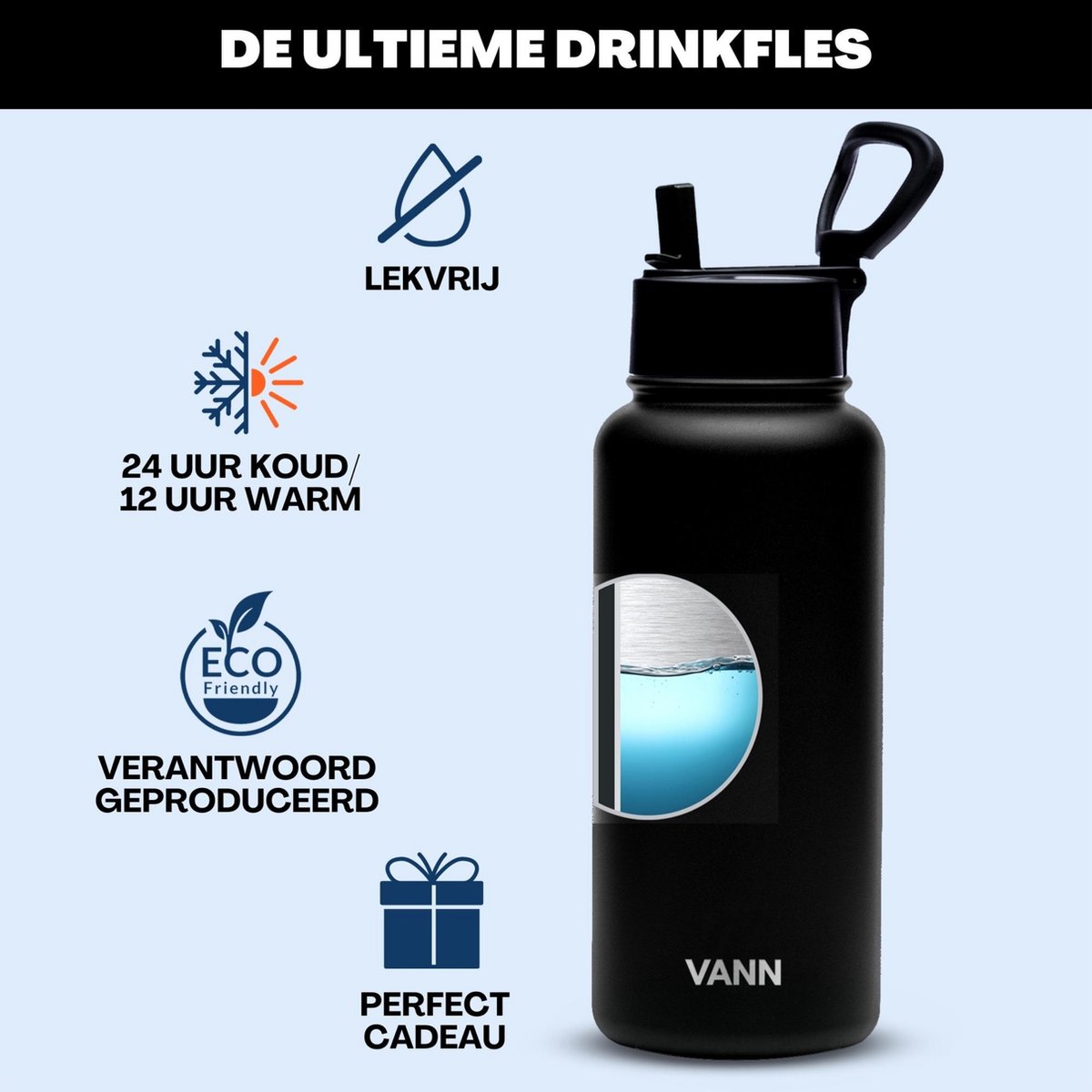 Gourde 1 litre gourde avec paille - Carafe à eau adultes - Set complet -  Acier