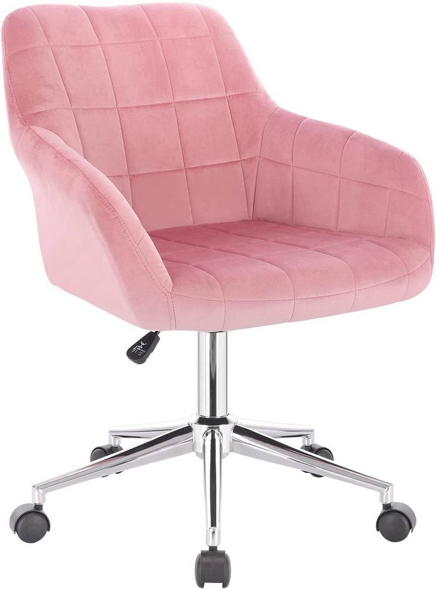 Happyment Werkkruk Nola - Roze - Voor volwassenen - Op wieltjes - Velvet - Ergonomische bureaustoel - In hoogte verstelbaar - Met armleuning