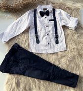 luxe jongens kledij- vierdelige katoenen jongens set-4 delig kinderpak-blauw rood gestippeld overhemd, verstelbare bretels en vlinderdas - kostuumbroek (marineblauw) - feest outfit-bruidsjonkers-bruiloft-verjaardag- 2 jaar maat 92