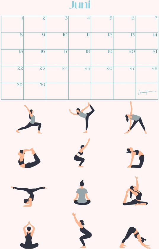 Kalender met 13 yoga poses in grijs en zwart sportkleding voor juni.