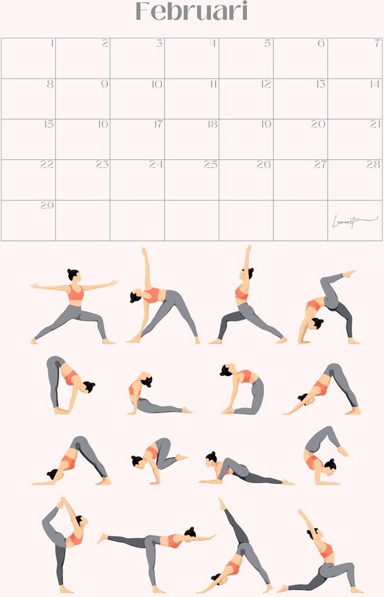 Kalender met 13 yoga poses in grijs en rood sportkleding voor februari.