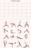 Kalender met 13 yoga poses in grijs en rood sportkleding voor februari.