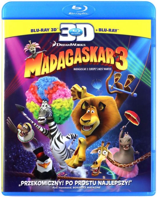 Blu-ray 3D cover van Madagascar 3 met Alex de leeuw, Marty de zebra, Gloria de nijlpaard, Melman de giraf, pinguïns en aapjes in circus kostuums.