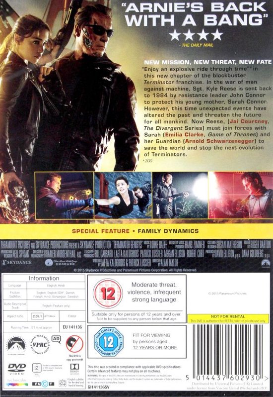 Achterkant van de Terminator Genisys DVD-hoes met speelkaartjes, informatie en de tekst "ARNIE'S BACK WITH A BANG".