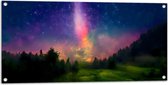 Tuinposter – Melkweg boven Bos in de Nacht - 100x50 cm Foto op Tuinposter (wanddecoratie voor buiten en binnen)
