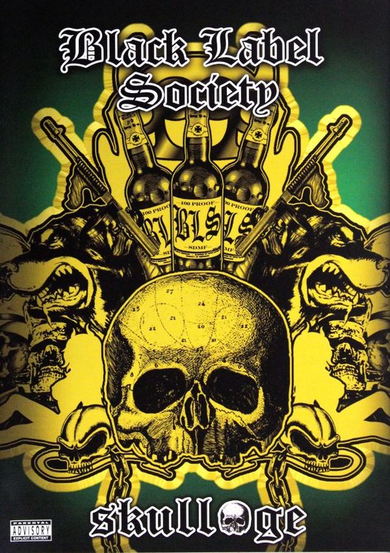 Albumhoes van Black Label Society's Skullage met een schedel, flessen en wapens.