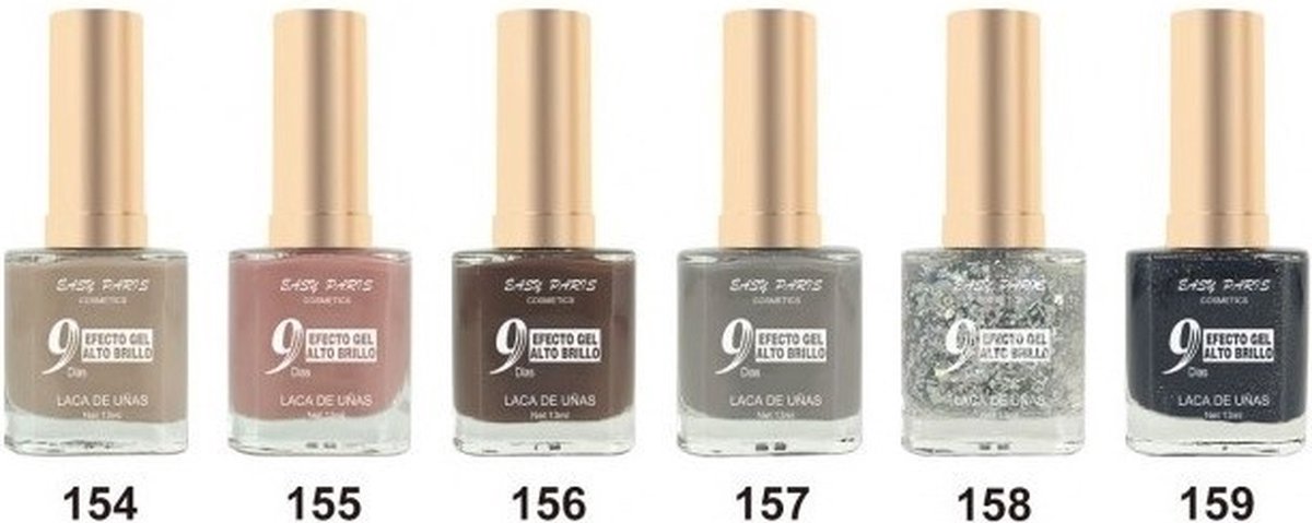 Goedkoopste Easy Paris - Set met 6 Flesjes Nagellak - Beige/Oud Roze/Bruin/Grijs/Transparant met bladzilver/Zwart met zilver mini glitters - Inhoud per flesje 13 ml.
