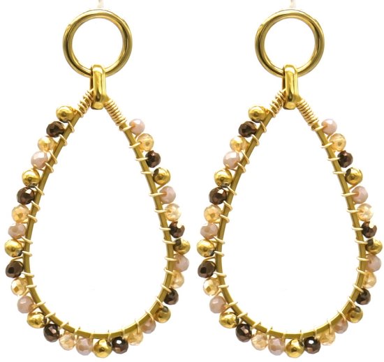 Boucles d'oreilles avec perles de verre - Boucles d'oreilles pendantes - Acier inoxydable - 5,5x3 cm - Marron