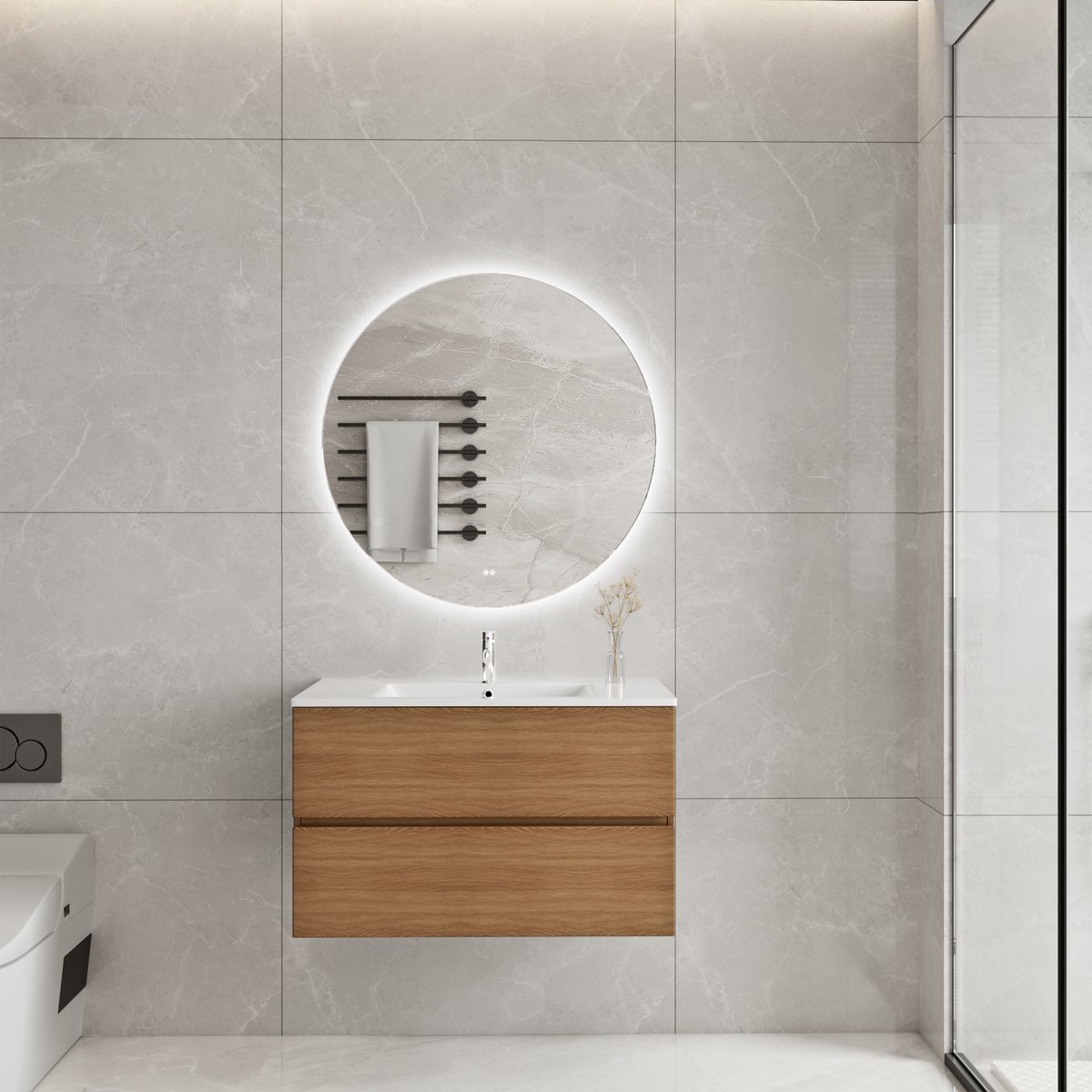 Badkamermeubel met wastafel Eiken 80 CM en 80 CM Ronde LED Badkamerspiegel - Complete Badkamermeubelset - Vestland