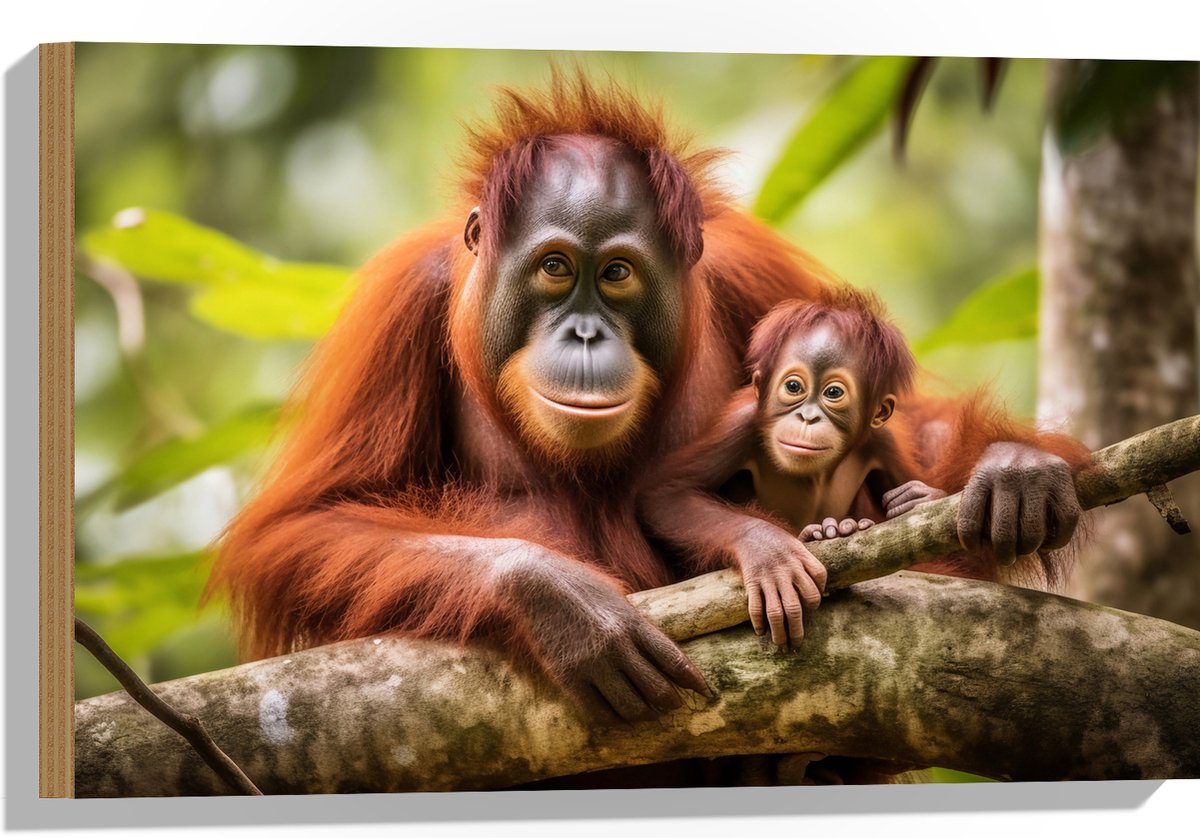 Hout - Orang Oetan Aap met Baby zittend bij Takken - 60x40 cm - 9 mm dik - Foto op Hout (Met Ophangsysteem)