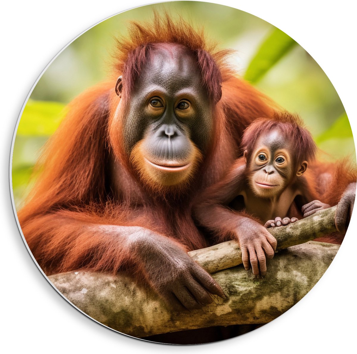 PVC Schuimplaat Muurcirkel - Orang Oetan Aap met Baby zittend bij Takken - 40x40 cm Foto op Muurcirkel (met ophangsysteem)